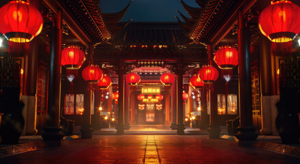 Chinese style architecture, an archway surrounded in the style of red lanterns, a symmetrical composition, a wideangle lens, a night scene, bright colors, a festive atmosphere, lantern light reflectin