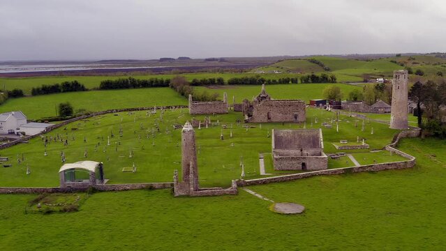 Beautiful aerial parallax of Clonmacnoise early Christian settlements in Europe