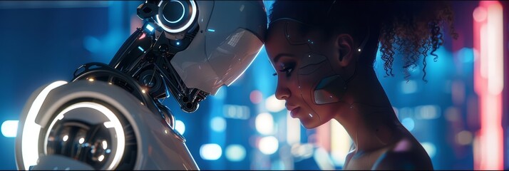 Woman and AI robot strategizing together to solve a complex problem in a futuristic world - obrazy, fototapety, plakaty