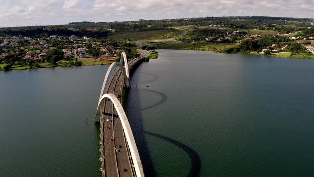 Panoramic Aerial of Juscelino Kubitschek Bridge on Paranoá Lake in Brasilia