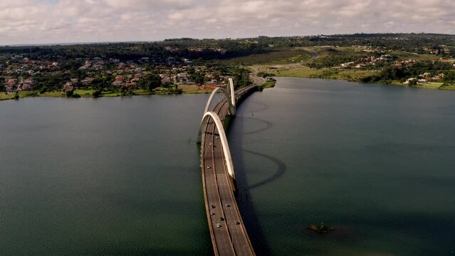Aerial View of Juscelino Kubitschek Bridge over Lake in Brasilia
