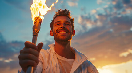 A young smiling man in a sports uniform solemnly carries a torch with the Olympic flame against the blue sky, the opening of the Olympic Games