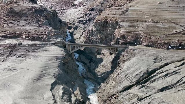 Aerial Panning Engulfed Bridge Chevril Lake Tignes Savoie France During Draining Winter River