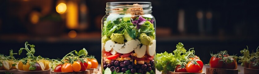A mason jar salad with fresh vegetables and a variety of beans and topped with microgreens. - obrazy, fototapety, plakaty
