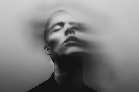 A monochrome artistic portrait with motion blur effect.