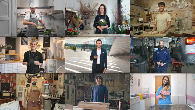 Many different profession collage. Happy people portrait mix. Lots of smile worker. Joy employee team work. Faces staff multi screen. Various job split. Young adult guys girls group. Men race diverse.