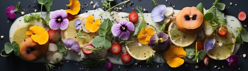 A beautiful still life of colorful flowers, fruits, and vegetables arranged on a dark background. - obrazy, fototapety, plakaty