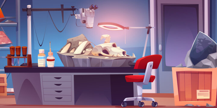 Fossil lab interior with research tools and exhibits under study. Paleontology cabinet inside with dinosaur bones on table under magnifier. Cartoon vector archaeology explorer science laboratory.
