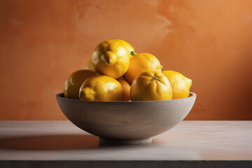 Fresh lemons in a concrete bowl on a grey concrete table and peach-colored wall background.
