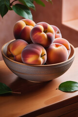 Ripe peaches in a ceramic bowl on a wooden table and peach-colored wall background. Shadow casting.