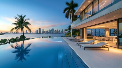 Fototapeta premium Overlooking the Miami skyline, a stunning infinity pool is complemented by sun loungers and palm trees on an outdoor patio, with a modern mansion featuring large windows 