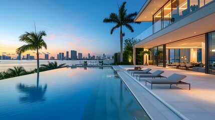 Fototapeta na wymiar Overlooking the Miami skyline, a stunning infinity pool is complemented by sun loungers and palm trees on an outdoor patio, with a modern mansion featuring large windows 