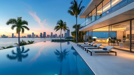 Fototapeta na wymiar Overlooking the Miami skyline, a stunning infinity pool is complemented by sun loungers and palm trees on an outdoor patio, with a modern mansion featuring large windows 