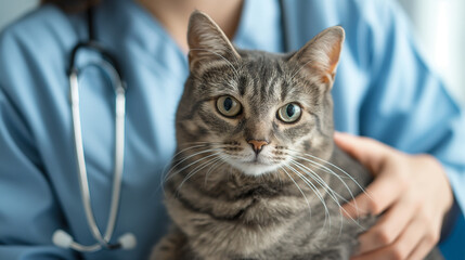 tabby cat in the arms of a veterinarian after sterilization surgery