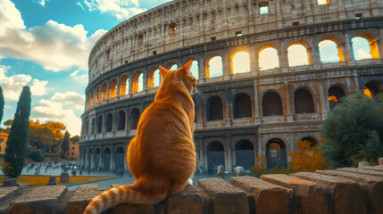 rear view of a ginger cat looking at the Colosseum in Italy