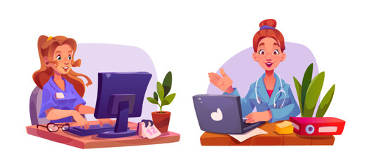 Naklejka premium Woman doctor sitting at table with computer. Cartoon vector illustration set of female medical specialist working at desk with laptop and pc screen. Physicians in hospital uniform with stethoscope.