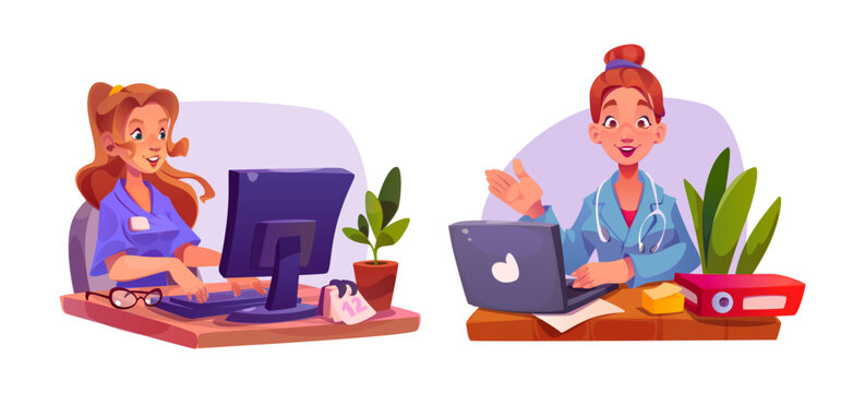 Woman doctor sitting at table with computer. Cartoon vector illustration set of female medical specialist working at desk with laptop and pc screen. Physicians in hospital uniform with stethoscope.