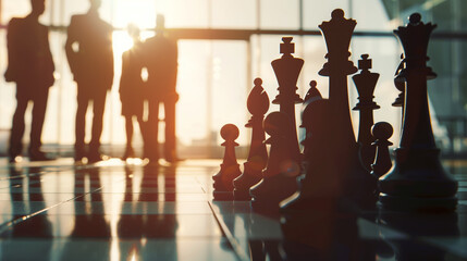 Chess Silhouettes in Dawn's Light: A Game of Strategy and Patience - obrazy, fototapety, plakaty