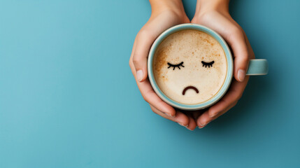 Female hands holding coffee cup with sad smiley latte art. Depression and sadness concept - obrazy, fototapety, plakaty