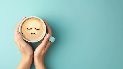 Female hands holding coffee cup with sad smiley latte art. Depression and sadness concept