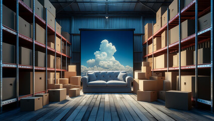 A warehouse with a large box on the floor and a couch in the middle of the room - obrazy, fototapety, plakaty
