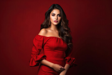 young woman in red dress on red background.