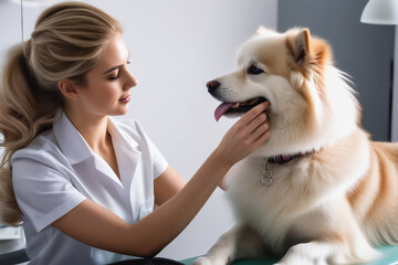 Funny portrait of a dog in grooming salon. A Female professional groomer trimming haircut dog. Combing dogs.