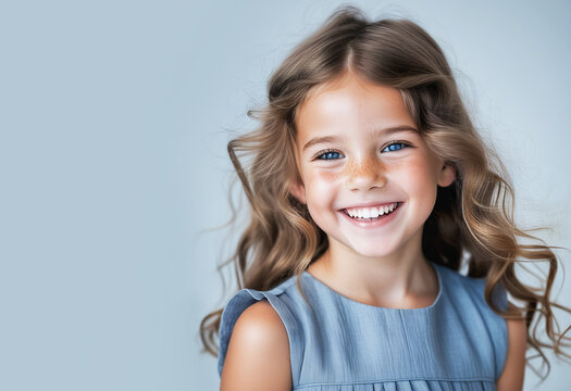 Portrait of cute little model girl looking at camera. Closeup portrait of adorable laughing child isolated on light background