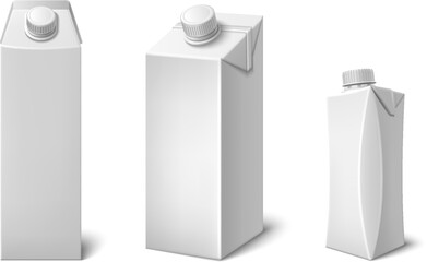 Milk or juice carton box mockups set isolated on white background. Vector realistic illustration of paper package for drinks with blank surface for branding, big and small containers with plastic caps