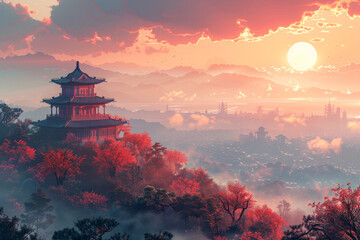 Asian traditional architectural scenery at sunset - obrazy, fototapety, plakaty