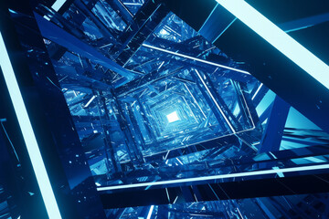 Chaotic metal grid extended tech background illuminated by blue light - obrazy, fototapety, plakaty