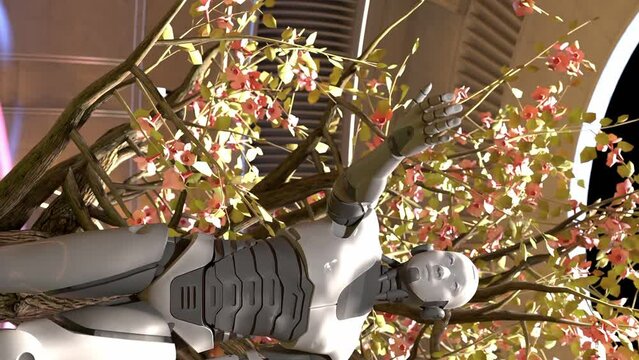 vertical of artificial intelligence Mother Earth connection with robot prototype consciousness cyborg 