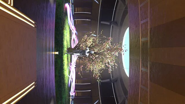 humanoid prototype cyborg standing in the middle at modern open space studio with energy flow in 3d rendering animation vertical 