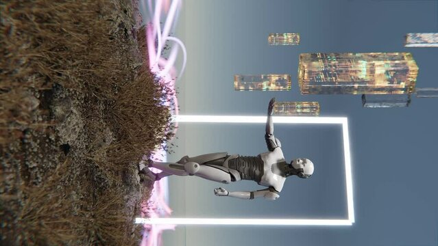 vertical of humanoid prototype cyborg artificial intelligence robot stand in nature inside a door gate portal with energy flow in 3d rendering animation 