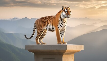 tiger in the mountains, Visualize a majestic tiger standing proudly atop a marble pedestal, with a subtle glow and artistic flair - obrazy, fototapety, plakaty