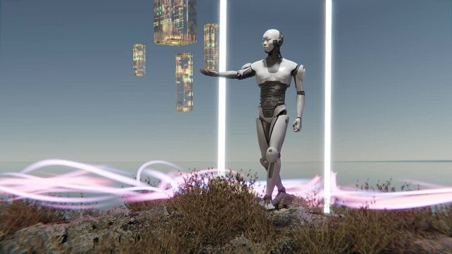 humanoid prototype cyborg artificial intelligence robot stand in nature inside  door gate portal with energy flow in 3d rendering animation 