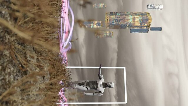 humanoid prototype cyborg artificial intelligence robot stand in nature inside a door gate portal with energy flow in 3d rendering animation vertical 
