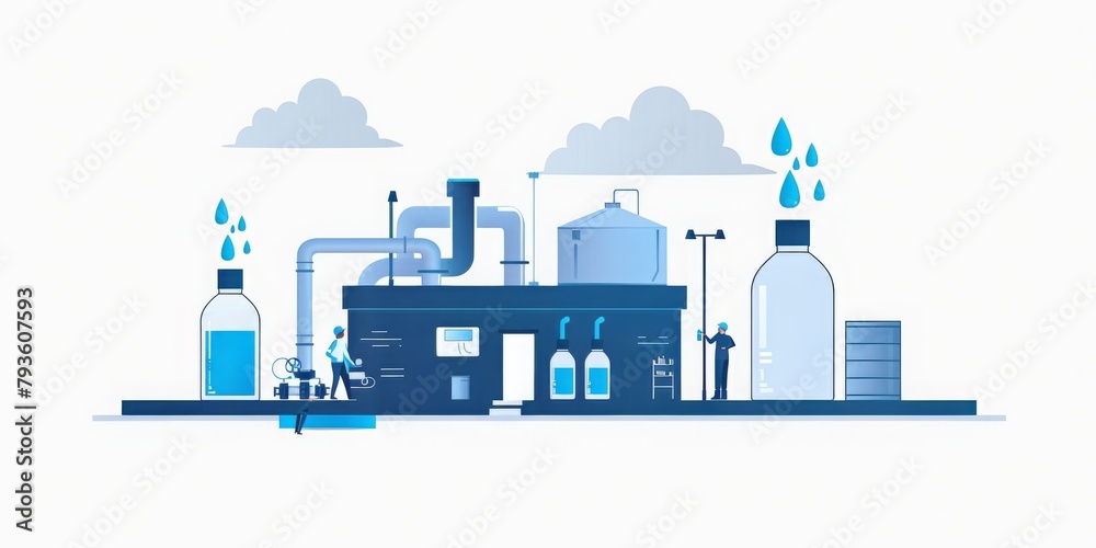 Poster vector illustration of workers operating an advanced industrial water filtration system, generative 