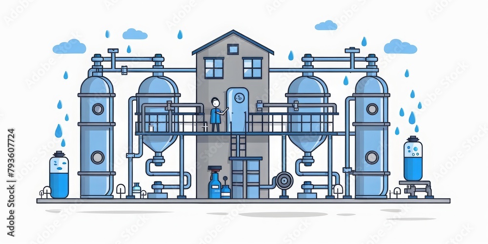 Poster vector illustration of workers operating an advanced industrial water filtration system, generative 