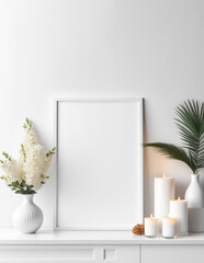 Frame mockup poster on white wall background. Elegant living room interior with large white poster. Stylish home decor. Template.