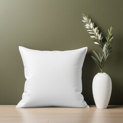 White linen pillow mockup with modern ceramic vase and dry grass. Pillow mockup for design presentation. Scandinavian interior.