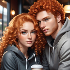 Young couple having a date at a cafe and drinking coffee. A guy and a girl with curly red hair and freckles are sitting at a coffee shop.