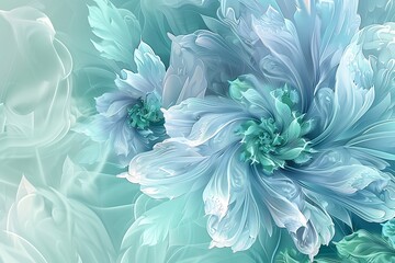 blue and mint background with beautiful fractal flowers, graphic botanical wallpaper