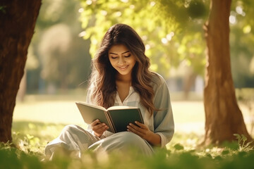 Young woman sitting reading a book in the park.