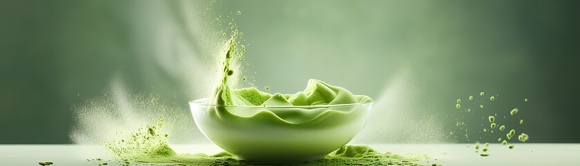Green tea powder in a white bowl with green background - obrazy, fototapety, plakaty