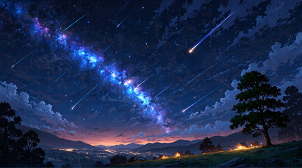 Starry night sky, hillside village, panoramic city and mountain view, anime-style illustration.