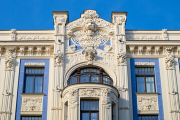 Latvian tourist landmark attraction - Art Nouveau architecture, building fasade of Riga city, Latvia.