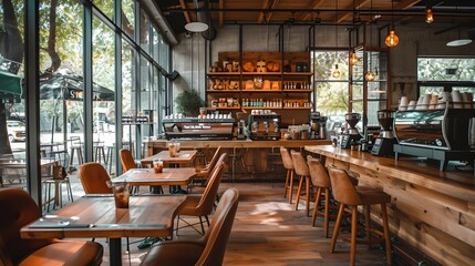 Fototapeta premium Interior design of an urban coffee shop, showcasing wooden accents and modern seating with large windows. The space is well lit by natural light, creating a cozy atmosphere for conversation.