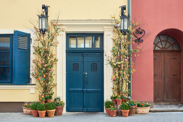 Vintage front door on a old building facade  decorated with flowers and spring flowers in pots.
