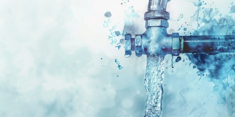 A Watercolor Rendering of a Water Tap with Crisp Blue Splashes Signifying the Freshness and Vitality of Water, Generative AI